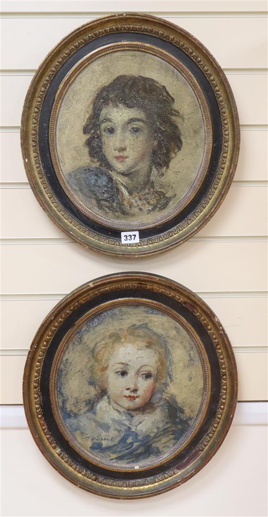 Continental School, a pair of oils on board, Studies of youths, monogrammed, 30 x 26cm